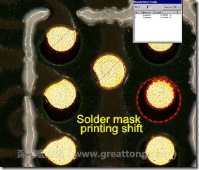 電路板BGA下面的防焊層印刷偏移，造成焊墊大小不一致。