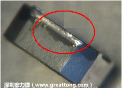 使用錫(Sn)鍍層的電源電感器(Power Inductors)，經(jīng)過推力測試后，其焊點還保留在零件的端點上，所以推力比較高。