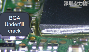 下面兩張照片就顯示既使添加了底部填充膠underfill，經(jīng)過摔落后還是發(fā)生BGA錫球破裂的問題，因為連Underfill膠都裂開了。