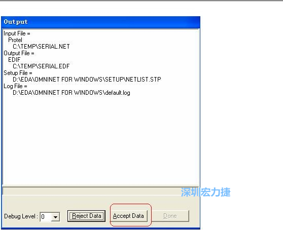 系統(tǒng)彈出一個(gè)輸出窗口，點(diǎn)擊 Accept Data。完成后點(diǎn)擊“確定”，再點(diǎn)擊“Done”關(guān)閉輸出窗口。退出 Omninet for Windows。