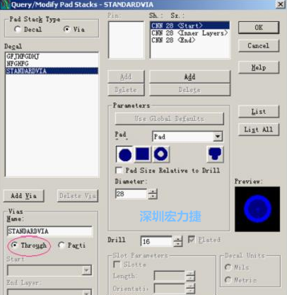 分析文件完成后，點(diǎn)擊菜單Setup→Pad Stacks調(diào)出焊盤堆設(shè)置窗口，將Pad Stack Type改為Via