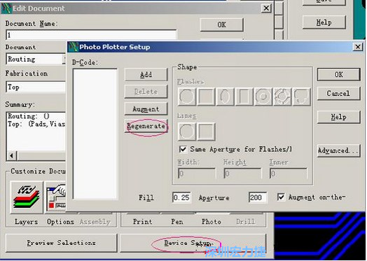 當Gerber和鉆孔都設(shè)置完后，選擇一貼片元件較多的層（一般為Top層），點擊Device SetupPhoto，將 Plotter Setup窗口D-Code欄原有的D碼刪除并按Regenerate重新生成