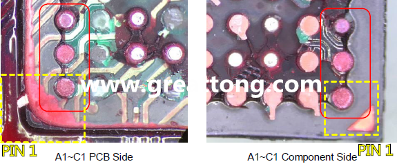 PIN-1的位置很重要，不知道Pin-1在哪里？那你怎么知道斷裂錫球在PCB的位置，如何判斷可能的應力(Stress) 影響。一般在PCB的絲印層(白漆)上面一定會標示零件的PIN-1位置，有的未打一個圓點，有的會畫三角形，但這張照片在PCB的PIN-1被紅墨水遮住了，如果可以的話建議那一塊沒有紅墨水的板子對照一下。