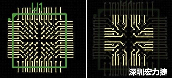 圖4a和4b：從最外層開始向中心為不同的BGA圈布線。