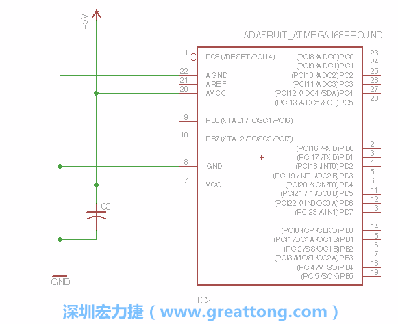 3.1.    新增微控制器晶片（RBBB → ATmega），把它放在電路原理圖的中央附近，把它的兩個接地接頭連接到接地訊號端。