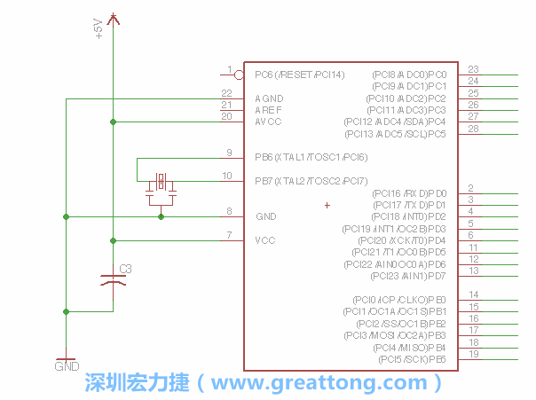 3.2.    在靠近ATmega的電源供應(yīng)針腳7的位置放置一個0.1μF的電容，將它分別連接電源、接地端和針腳7。