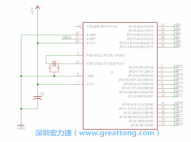 3.3.    將共鳴器（resonator）放置在針腳9和針腳10附近，將它的三個針腳連接如圖所示，并確認(rèn)最中間的針腳有連到接地端。