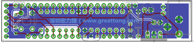 第二篇文章則帶領你進行電路板上的布線、連結點的配置，并利用「設計規(guī)則檢查（Design Rule Check）」測試你的設計，第二篇文章的電路板設計圖將如下所示：