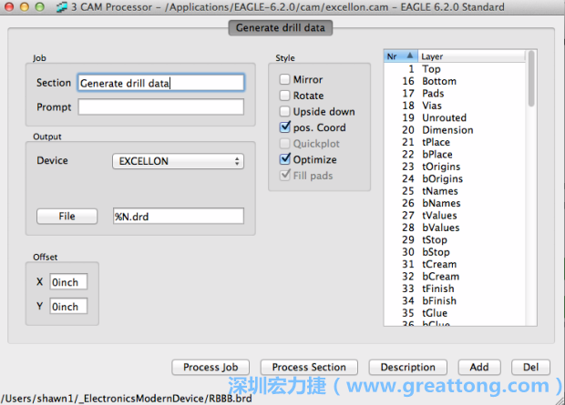 打開「excellon.cam」的工作項目并建立drill文件（副檔名為「.dri」和「.drd」），之后你只會用到「.drd」的文件檔；「.dri」的文件只是解釋用資料（所謂后設資料）而已。