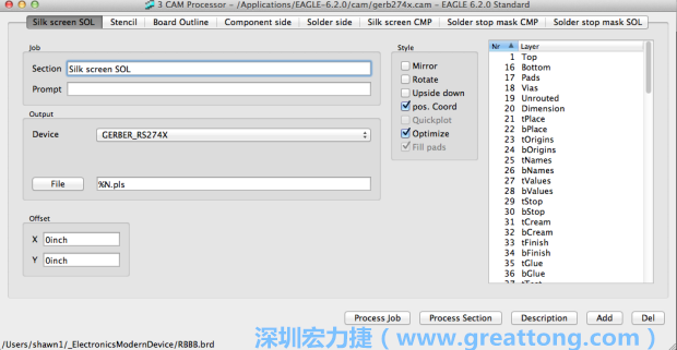 假如你有匯入點陣圖圖層（抑或是有某個圖層是你不想要它們出現(xiàn)在絲印上的），請再次確認標簽列下面被指定的圖層都是正確無誤的。