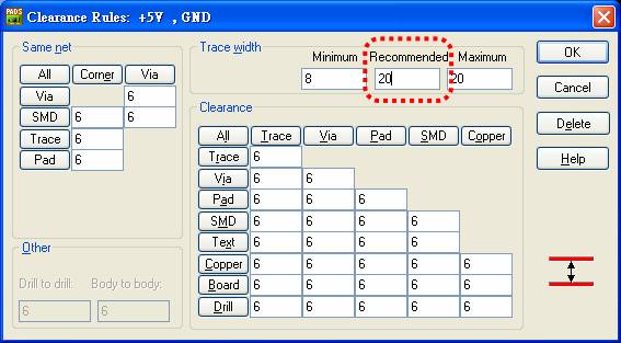 圖22 電源、接地線寬設(shè)定