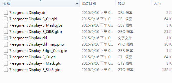 所謂Gerber檔，其實是包含一群檔案 (如下圖所示)，如包含正反面銅箔層 F.Cu B.Cu.，正反面文字面 F.Silkscreen ，B.Silkscreen，防焊層 SolderMask、板邊裁切Edge.Cuts 等。