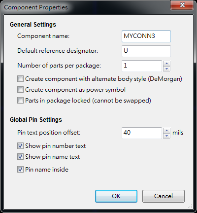 按下工具  "Create a new component"， 出現(xiàn)底下畫(huà)面， 按下OK后， 產(chǎn)生MYCONN3/U? 文字重迭在一在， 把它們分開(kāi)(用mouse選擇并按下"M"， 即可移動(dòng))