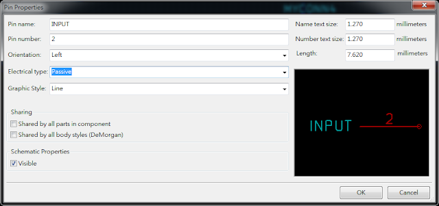 按下工具 "Add pins to the component"， 如底下畫(huà)面，  Electrical type 都選 Passive