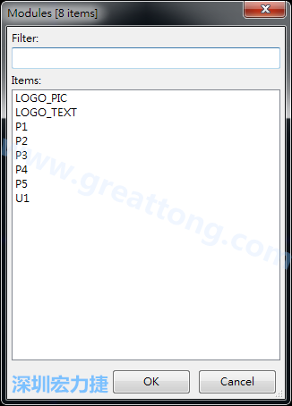 從目前正在編輯的PCB載入Module， 會(huì)顯示有那些項(xiàng)目可載入。點(diǎn)選一個(gè)， OK后即完成載入