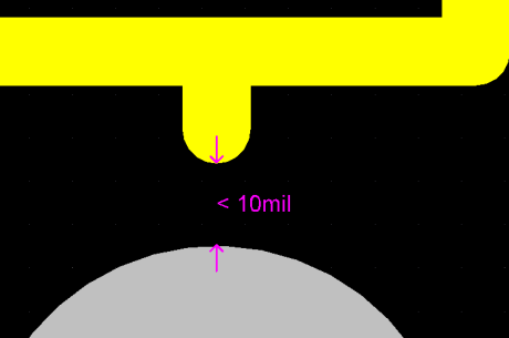 顯示每項(xiàng)違例的細(xì)節(jié)，本例的絲印與焊盤的間隔少于10mil.