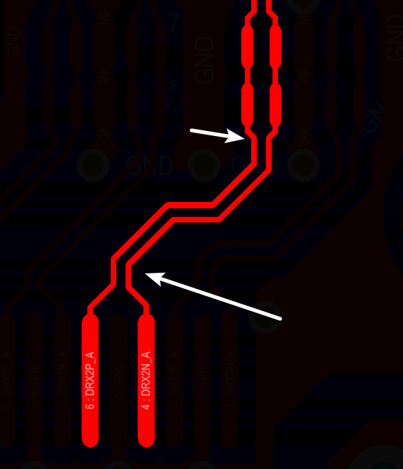 相應(yīng)的要對(duì)差分對(duì)不匹配的情況作出補(bǔ)償，使其線長(zhǎng)匹配，長(zhǎng)度差通常控制在5mil以內(nèi)