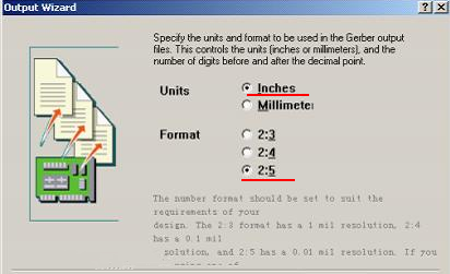 在上圖中選擇“Inches 2：5”，以確保資料精度，反之線寬、線距或孔有偏移現(xiàn)象