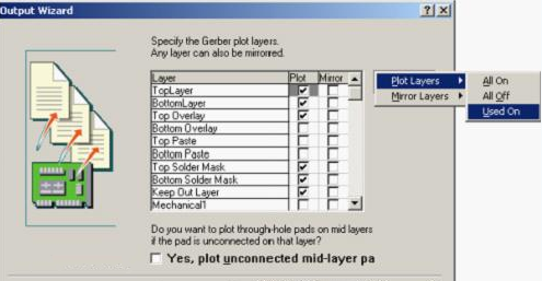 按“Next”，點(diǎn)擊“Menu”將Plot Layers置為Used On，Mirror Layers置為All Off后按“Next”